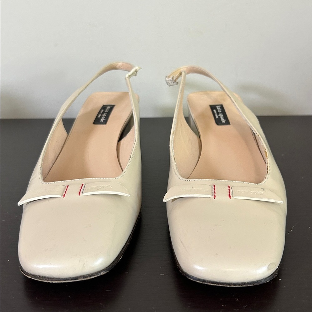 Kate Spade Slingback Heel Tan Bow Square Toe Logo Leather Made in Italy Sz 8 - Picture 3 of 10